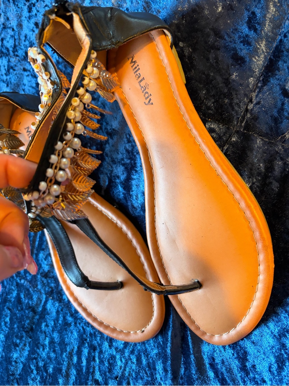 Black Pearl & Gold Leaf T-Strap Sandals